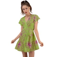 Dandelion Flower Background Nature Flora Drawing Flutter Sleeve Wrap Dress by Uceng