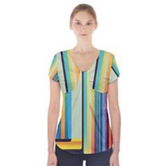 Colorful Rainbow Striped Pattern Stripes Background Short Sleeve Front Detail Top by Uceng