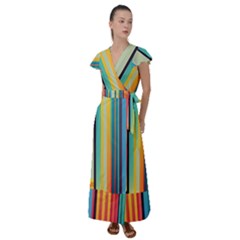 Colorful Rainbow Striped Pattern Stripes Background Flutter Sleeve Maxi Dress by Uceng