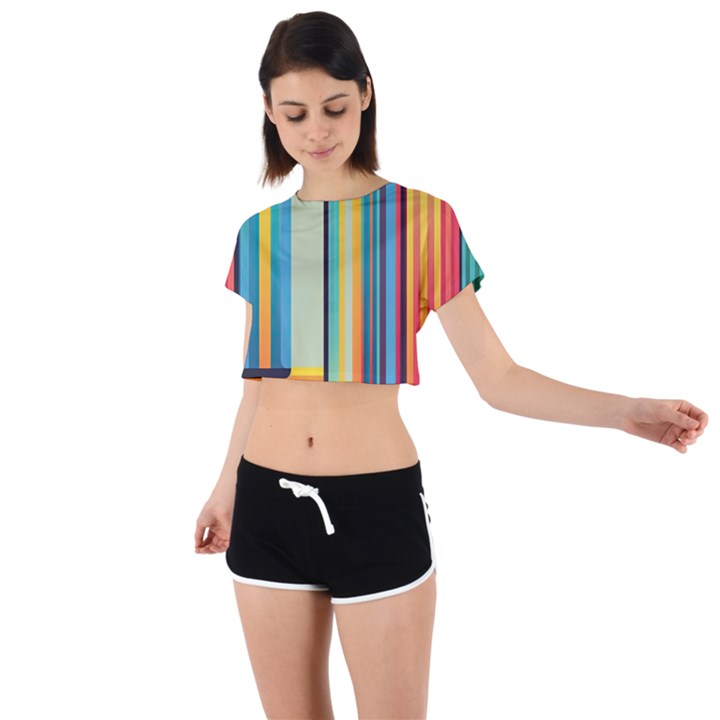 Colorful Rainbow Striped Pattern Stripes Background Tie Back Short Sleeve Crop Tee