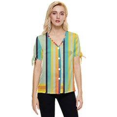 Colorful Rainbow Striped Pattern Stripes Background Bow Sleeve Button Up Top by Uceng