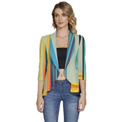 Colorful Rainbow Striped Pattern Stripes Background Women s 3/4 Sleeve Ruffle Edge Open Front Jacket