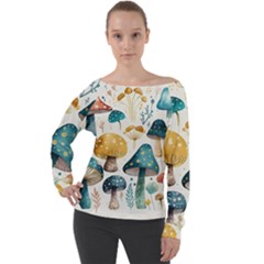 Mushroom Forest Fantasy Flower Nature Off Shoulder Long Sleeve Velour Top by Uceng