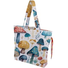 Mushroom Forest Fantasy Flower Nature Drawstring Tote Bag by Uceng