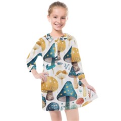 Mushroom Forest Fantasy Flower Nature Kids  Quarter Sleeve Shirt Dress by Uceng