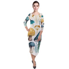 Mushroom Forest Fantasy Flower Nature Quarter Sleeve Midi Velour Bodycon Dress by Uceng