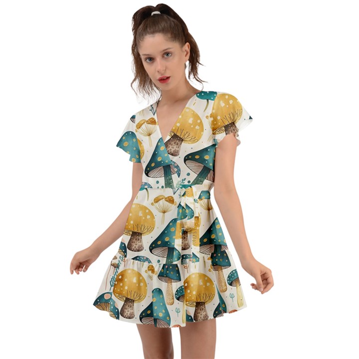 Mushroom Forest Fantasy Flower Nature Flutter Sleeve Wrap Dress