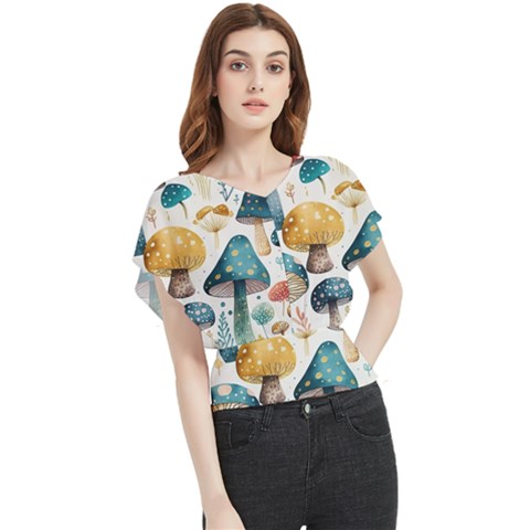 Mushroom Forest Fantasy Flower Nature Butterfly Chiffon Blouse by Uceng