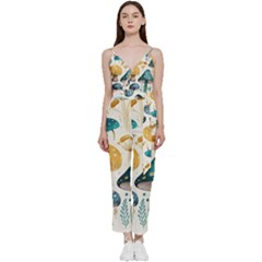 Mushroom Forest Fantasy Flower Nature V-neck Spaghetti Strap Tie Front Jumpsuit by Uceng