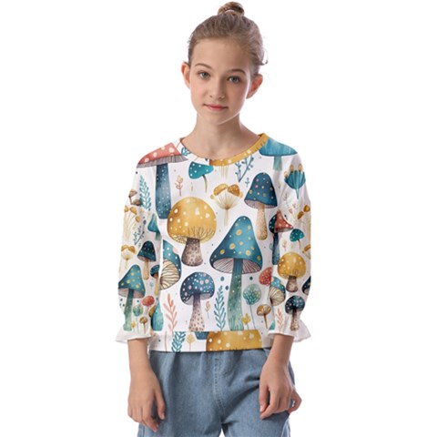 Mushroom Forest Fantasy Flower Nature Kids  Cuff Sleeve Top by Uceng