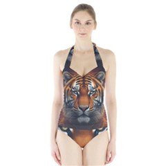 Tiger Animal Feline Predator Portrait Carnivorous Halter Swimsuit by Uceng