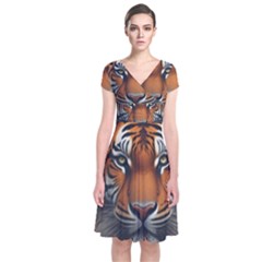 Tiger Animal Feline Predator Portrait Carnivorous Short Sleeve Front Wrap Dress by Uceng