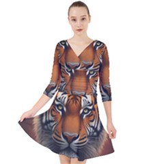 Tiger Animal Feline Predator Portrait Carnivorous Quarter Sleeve Front Wrap Dress by Uceng