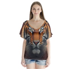 Tiger Animal Feline Predator Portrait Carnivorous V-neck Flutter Sleeve Top by Uceng