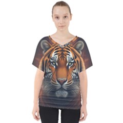 Tiger Animal Feline Predator Portrait Carnivorous V-neck Dolman Drape Top by Uceng