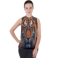 Tiger Animal Feline Predator Portrait Carnivorous Mock Neck Chiffon Sleeveless Top by Uceng