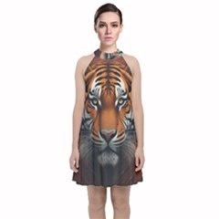 Tiger Animal Feline Predator Portrait Carnivorous Velvet Halter Neckline Dress 