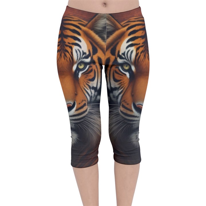 Tiger Animal Feline Predator Portrait Carnivorous Velvet Capri Leggings 