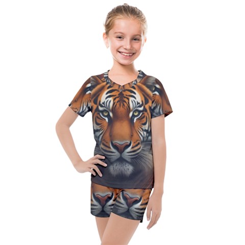 Tiger Animal Feline Predator Portrait Carnivorous Kids  Mesh Tee And Shorts Set by Uceng