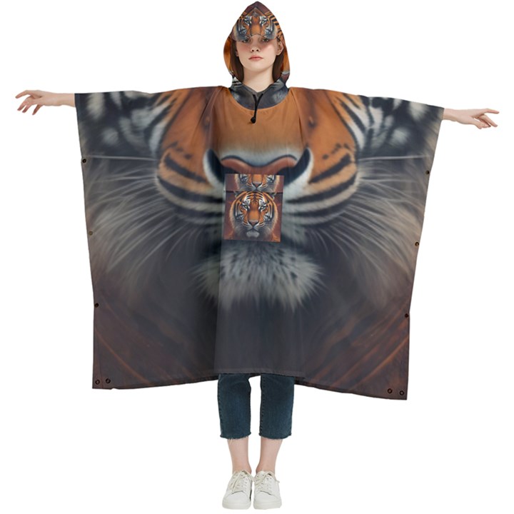 Tiger Animal Feline Predator Portrait Carnivorous Women s Hooded Rain Ponchos