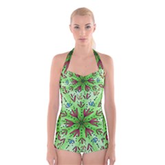 Flower Mandala Art Drawing Spring Background Boyleg Halter Swimsuit  by Uceng