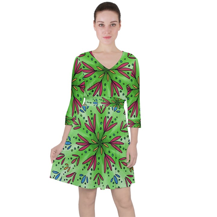 Flower Mandala Art Drawing Spring Background Quarter Sleeve Ruffle Waist Dress