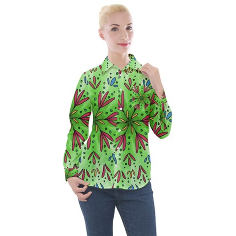 Flower Mandala Art Drawing Spring Background Women s Long Sleeve Pocket Shirt by Uceng