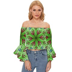 Flower Mandala Art Drawing Spring Background Off Shoulder Flutter Bell Sleeve Top