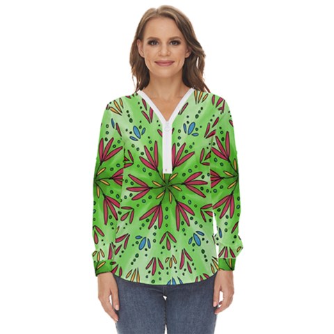 Flower Mandala Art Drawing Spring Background Zip Up Long Sleeve Blouse by Uceng