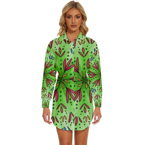 Flower Mandala Art Drawing Spring Background Womens Long Sleeve Shirt Dress by Uceng