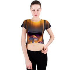 Ai Generated Mushrooms Wallpaper Crew Neck Crop Top by Uceng