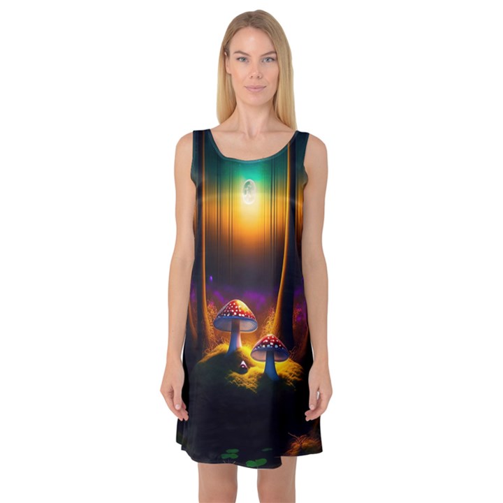 Ai Generated Mushrooms Wallpaper Sleeveless Satin Nightdress