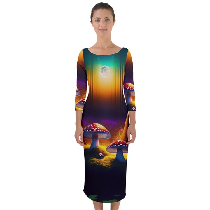 Ai Generated Mushrooms Wallpaper Quarter Sleeve Midi Bodycon Dress