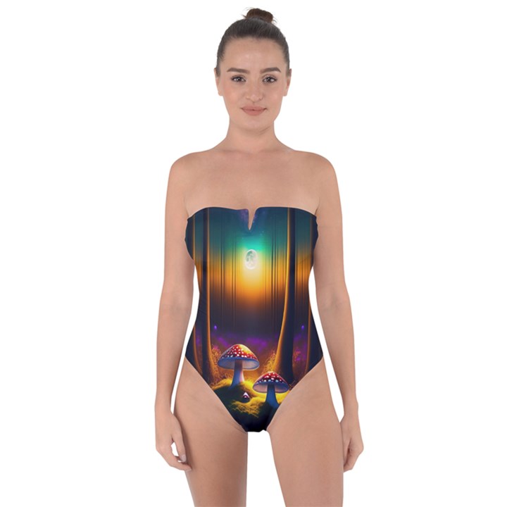 Ai Generated Mushrooms Wallpaper Tie Back One Piece Swimsuit