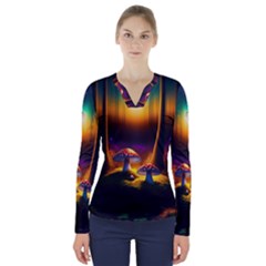 Ai Generated Mushrooms Wallpaper V-neck Long Sleeve Top by Uceng