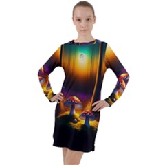 Ai Generated Mushrooms Wallpaper Long Sleeve Hoodie Dress