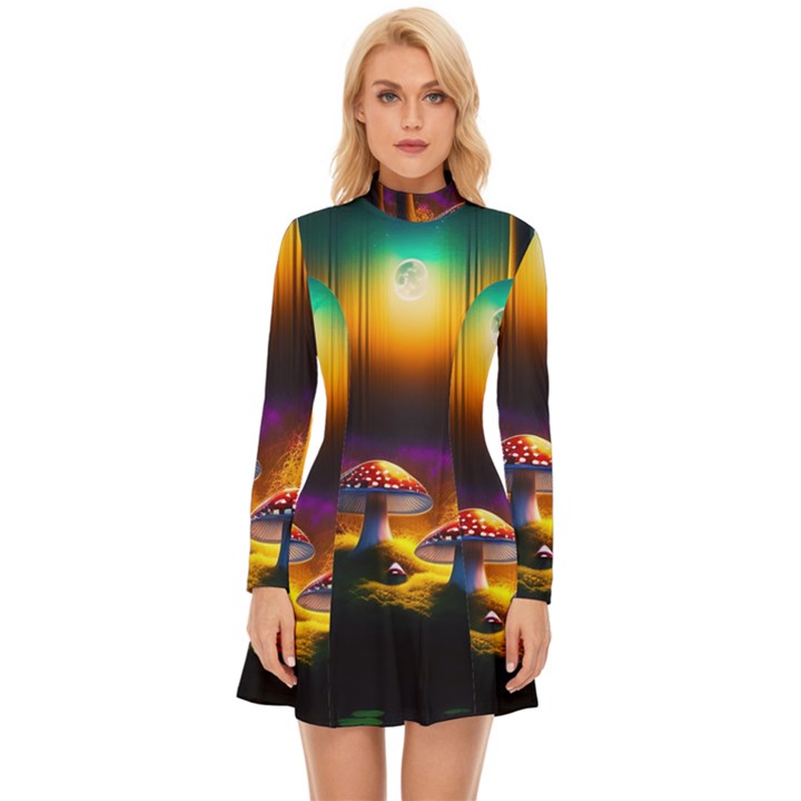 Ai Generated Mushrooms Wallpaper Long Sleeve Velour Longline Dress