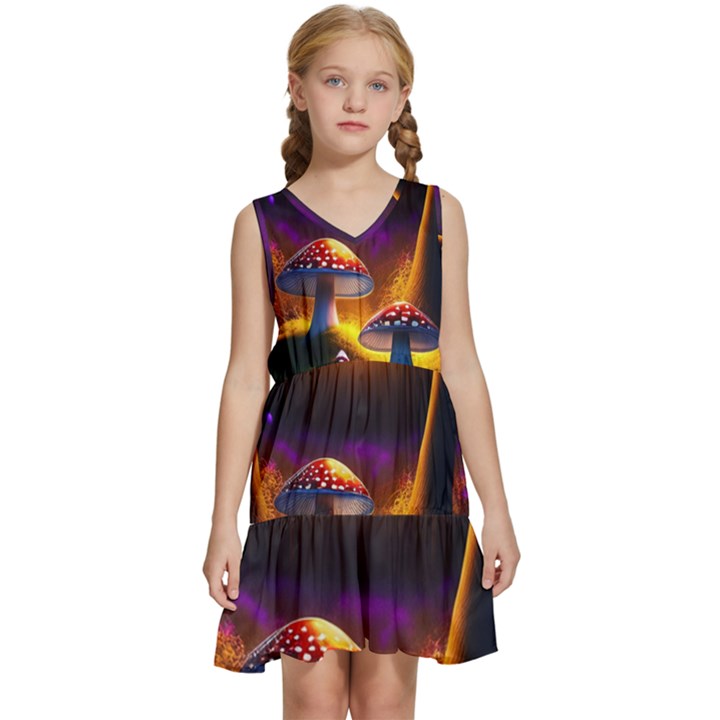 Ai Generated Mushrooms Wallpaper Kids  Sleeveless Tiered Mini Dress