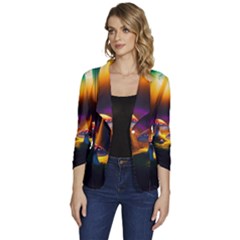 Ai Generated Mushrooms Wallpaper Women s One-button 3/4 Sleeve Short Jacket