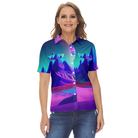 Fantasy Universe Art Wallpaper Artwork Women s Short Sleeve Double Pocket Shirt by Uceng