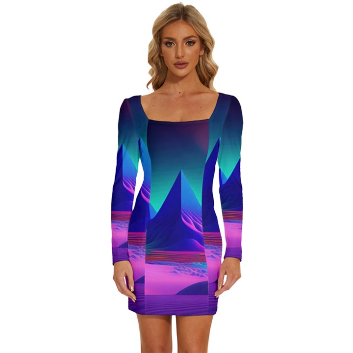 Fantasy Universe Art Wallpaper Artwork Long Sleeve Square Neck Bodycon Velvet Dress