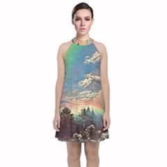 Abstract Art Psychedelic Arts Experimental Velvet Halter Neckline Dress 