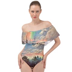 Abstract Art Psychedelic Arts Experimental Off Shoulder Velour Bodysuit  by Uceng