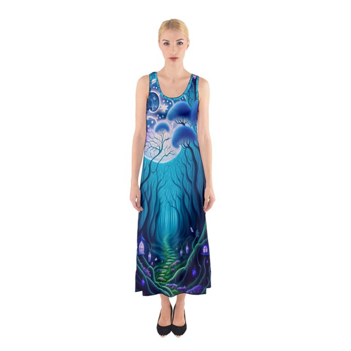 Blue Forrest Jungle,tree Trees Nature Landscape Sleeveless Maxi Dress