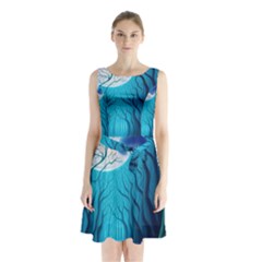 Blue Forrest Jungle,tree Trees Nature Landscape Sleeveless Waist Tie Chiffon Dress by Uceng