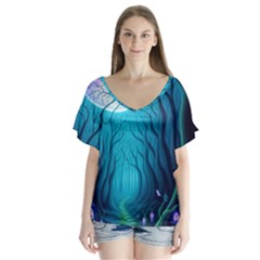 Blue Forrest Jungle,tree Trees Nature Landscape V-neck Flutter Sleeve Top by Uceng