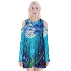 Blue Forrest Jungle,tree Trees Nature Landscape Velvet Long Sleeve Shoulder Cutout Dress