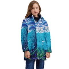 Blue Forrest Jungle,tree Trees Nature Landscape Kid s Hooded Longline Puffer Jacket by Uceng