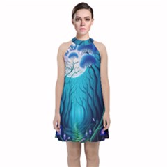 Blue Forrest Jungle,tree Trees Nature Landscape Velvet Halter Neckline Dress 