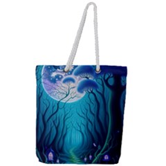 Blue Forrest Jungle,tree Trees Nature Landscape Full Print Rope Handle Tote (large) by Uceng